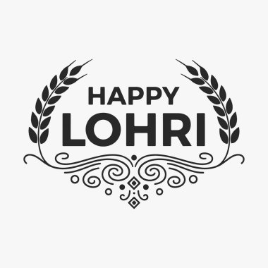 Happy Lohri için düz tasarım, buğday kulaklı zarif tipografi tasarımı ve Punjabi Kızılderili hasat festivali için dekoratif süslemeler. Vektör İllüstrasyonu
