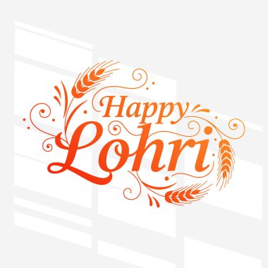 Happy Lohri için düz tasarım, buğday kulaklı zarif tipografi tasarımı ve Punjabi Kızılderili hasat festivali için dekoratif süslemeler. Vektör İllüstrasyonu