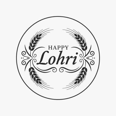 Happy Lohri için düz tasarım, buğday kulaklı zarif tipografi tasarımı ve Punjabi Kızılderili hasat festivali için dekoratif süslemeler. Vektör İllüstrasyonu