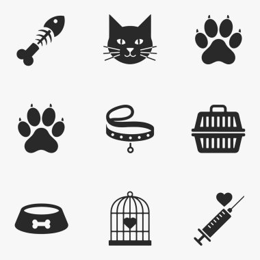 Evcil hayvan ve hayvan bakımı ikonları. Vektör İllüstrasyonu
