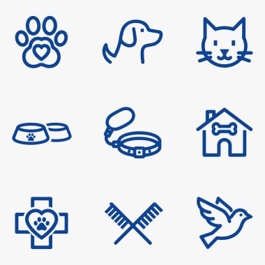 Evcil hayvan ve hayvan bakımı ikonları. Vektör İllüstrasyonu