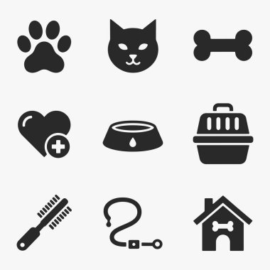 Evcil hayvan ve hayvan bakımı ikonları. Vektör İllüstrasyonu