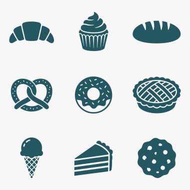 Pastane ve pasta ikonları, çörek, pasta ve turta da dahil. Vektör İllüstrasyonu