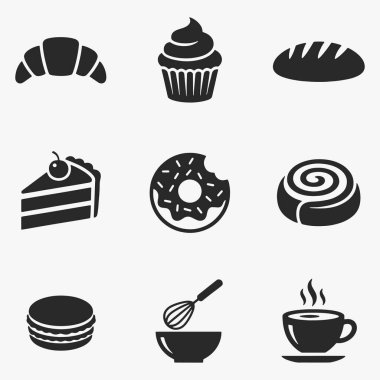 Pastane ve pasta ikonları, çörek, pasta ve turta da dahil. Vektör İllüstrasyonu
