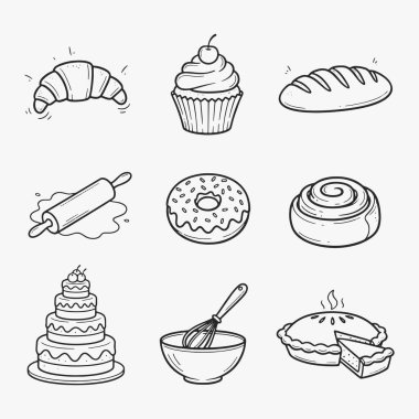 Pastane ve pasta ikonları, çörek, pasta ve turta da dahil. Vektör İllüstrasyonu