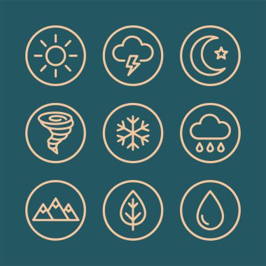 Bir dizi doğa ve hava durumu ikonu. Hava ikonları arasında bir güneş, bir ay, bulutlar, yıldırım, rüzgar ve ağaçlar yer alıyor. Vektör İllüstrasyonu