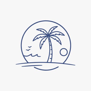 Çemberli ve avuç içi logosu olan plaj. İmajın tropikal bir havası var ve rahatlama ve tatil hissini uyandırması amaçlanıyor. Vektör İllüstrasyonu