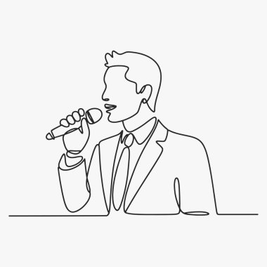 Düz Tasarım, bir satır aralıksız, bir adam mikrofon tutuyor. Vektör İllüstrasyonu