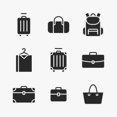 Bagaj ikonu farklı bagaj ve bavullar koydu. Vektör İllüstrasyonu