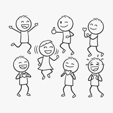 Değişik ifadeleri ve pozları olan pozitif duyguları olan komik çöp adamlar. Vektör İllüstrasyonu