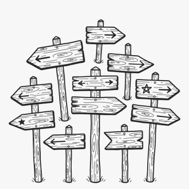 Farklı yönleri gösteren okları olan ahşap işaretlerden oluşan bir koleksiyon. Vektör İllüstrasyonu