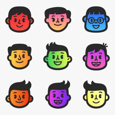 Farklı ifadelere sahip dokuz yüzlü bir set, klasik tarzda bir çizim karakteri tasarımı. Vektör İllüstrasyonu