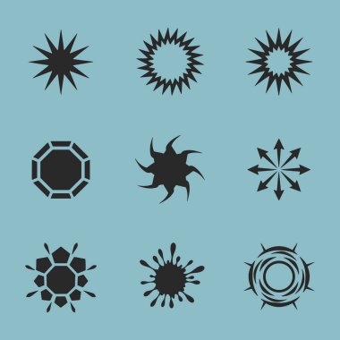 Bir dizi Burst simgesi. Genellikle mutluluk ve pozitifliği temsil etmek için kullanılır. Vektör İllüstrasyonu