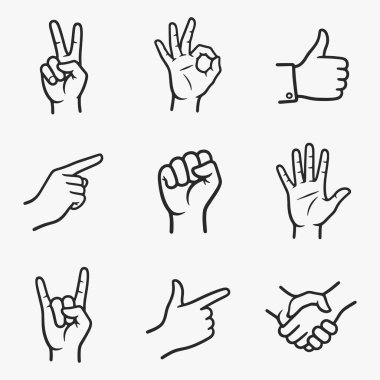 Bir dizi el çizimi, baş parmaklar yukarı, baş parmaklar aşağı, ve diğer el hareketleri. Vektör İllüstrasyonu
