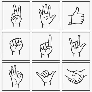 Bir dizi el çizimi, baş parmaklar yukarı, baş parmaklar aşağı, ve diğer el hareketleri. Vektör İllüstrasyonu
