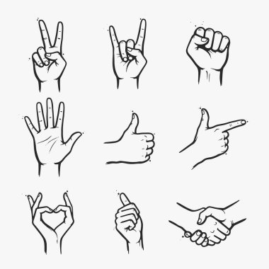 Bir dizi el çizimi, baş parmaklar yukarı, baş parmaklar aşağı, ve diğer el hareketleri. Vektör İllüstrasyonu