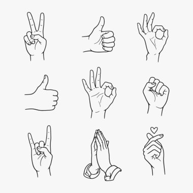 Bir dizi el çizimi, baş parmaklar yukarı, baş parmaklar aşağı, ve diğer el hareketleri. Vektör İllüstrasyonu