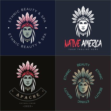 Beauty women apache indian aztec native american warrior tribes face head logo set vintage design template