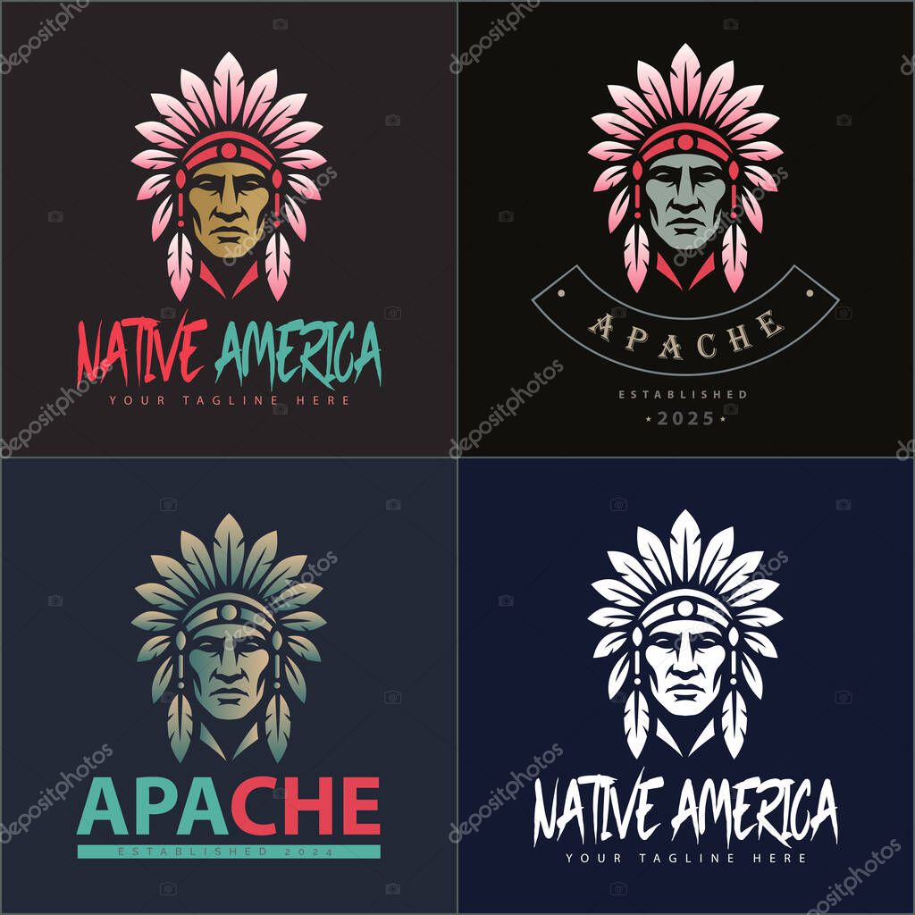 Apache indian aztec native american warrior tribes face head logo set vintage design template