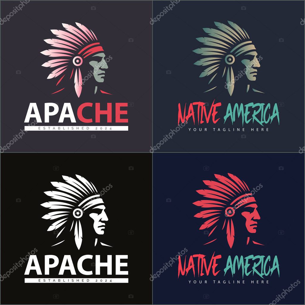 Apache indian aztec native american warrior tribes face head logo set vintage design template