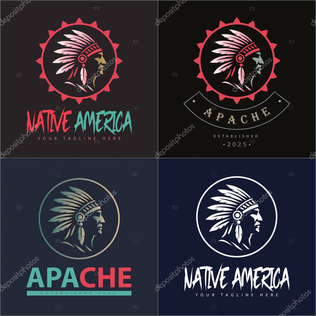 Apache indian aztec native american warrior tribes face head logo set vintage design template