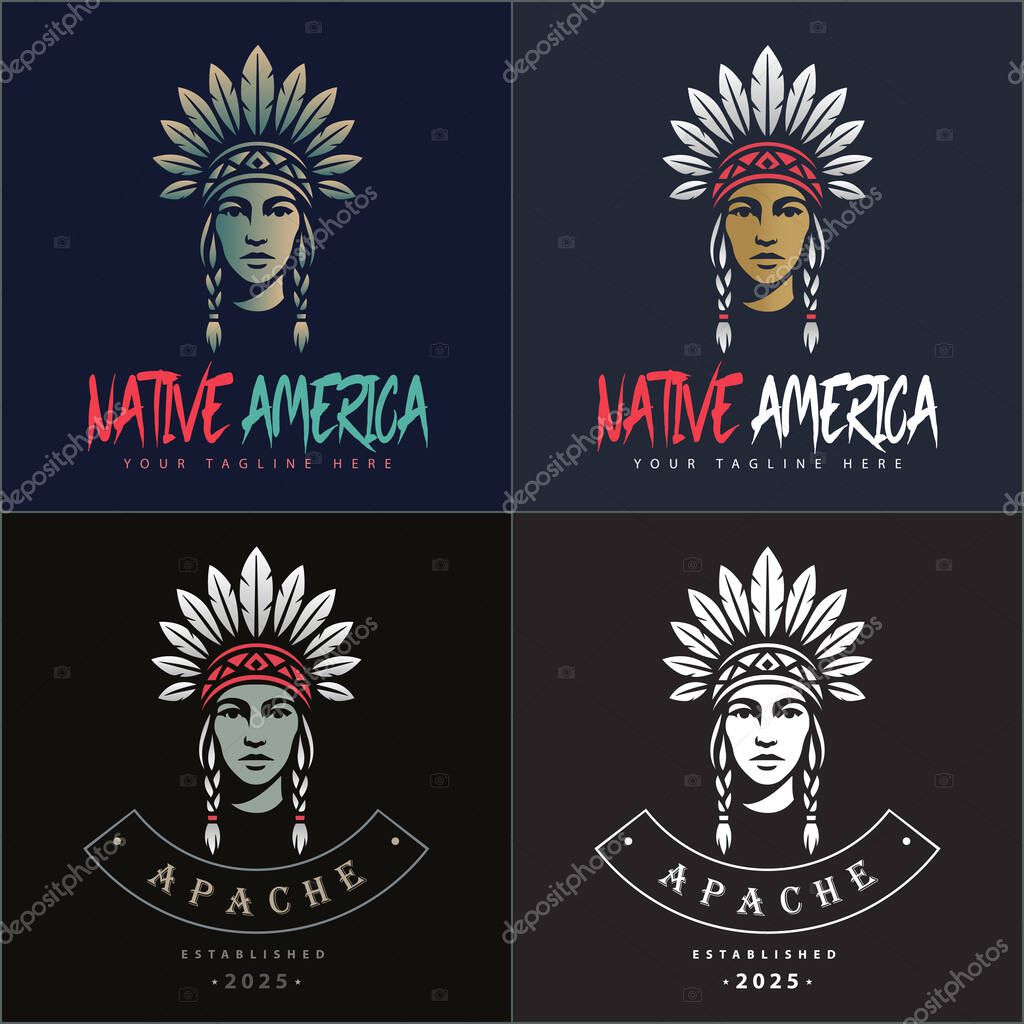 Beauty women apache indian aztec native american warrior tribes face head logo set vintage design template