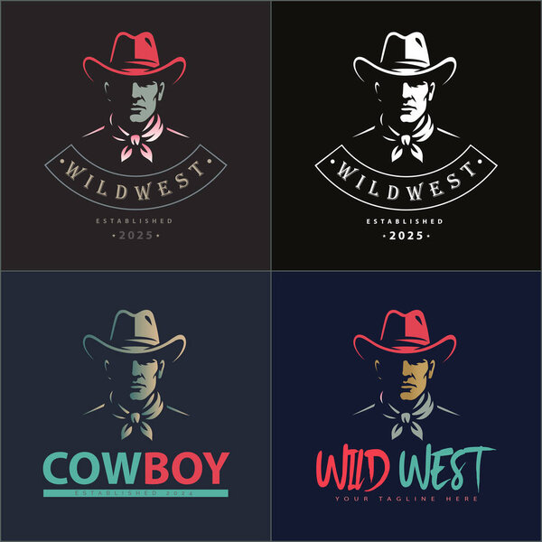 Cowboy american sheriff wild west face head silhouette logo set vintage design template