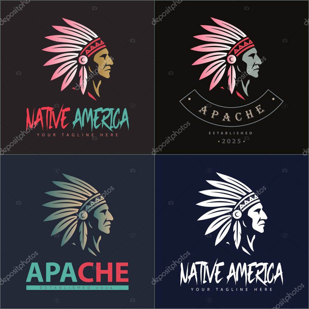 Apache indian aztec native american warrior tribes face head logo set vintage design template