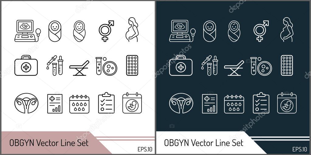OBGYN obstetrics and gynecology vector line art icon set silhouette template design