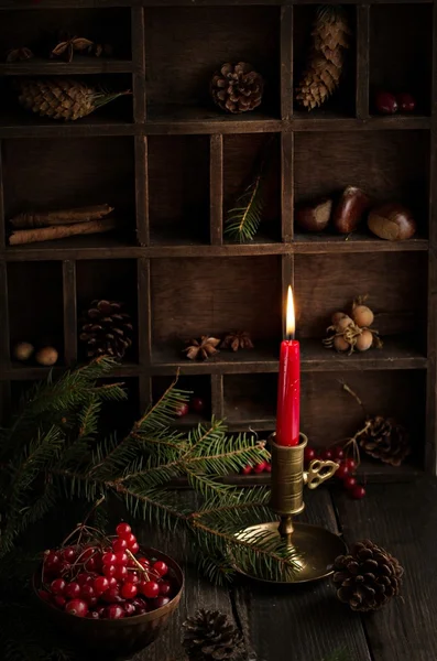 Red Christmas Candles On Wood Table — Stock Photo, Image