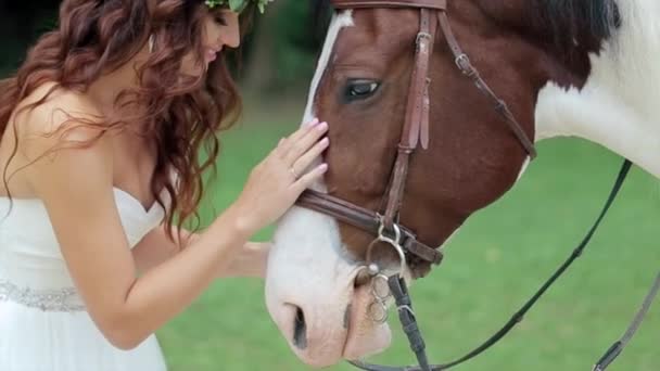 花嫁が馬の頭の上に彼女の手をなでる — ストック動画