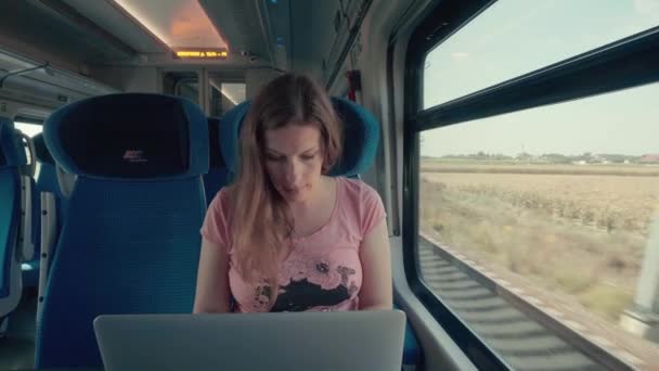 Embarazo mujer trabajando con el ordenador portátil en un tren — Vídeo de stock