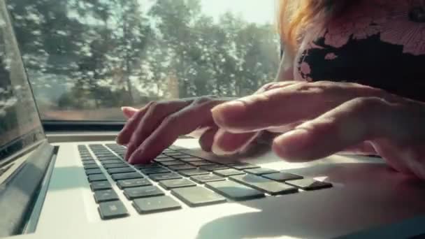 Жінка використовує ноутбук в поїзді — стокове відео