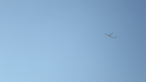 Flygplanet flyger i himlen från höger till vänster — Stockvideo
