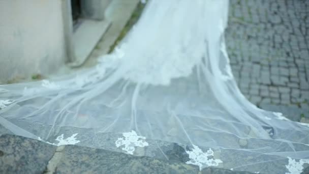 Belle mariée avec un long voile dans les escaliers de pierre — Video