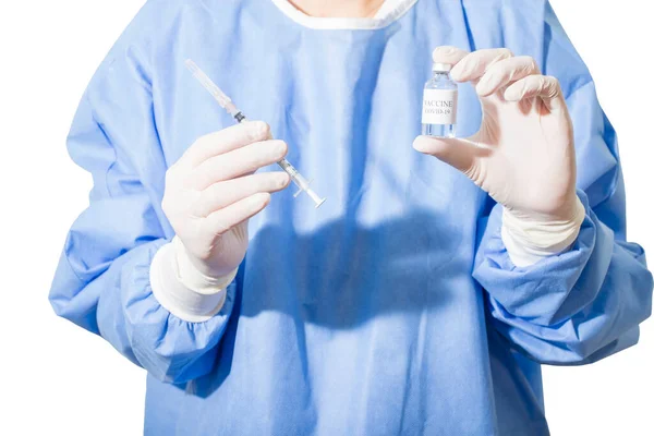 Asiatischer Arzt Oder Krankenschwester Hält Spritze Und Impfflasche Der Hand — Stockfoto