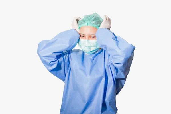 Doctor Wearing Blue Shirt Stressed Stress Caused Plague Strength Doctor — Stock Photo, Image