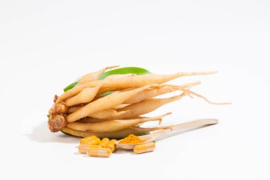 Kaempferia tıbbi bir bitkidir. Sıcak ve acı bir tadı var, mide ağrısını, şişkinliği, hazımsızlığı, toniği, cinsel iktidarsızlığı tedavi etmek için libidoya toniği hafifletiyor. - Evet. Hemoroidler için bir ilaç. Kapsül, sarı hap. 