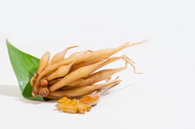 Kaempferia tıbbi bir bitkidir. Sıcak ve acı bir tadı var, mide ağrısını, şişkinliği, hazımsızlığı, toniği, cinsel iktidarsızlığı tedavi etmek için libidoya toniği hafifletiyor. - Evet. Hemoroidler için bir ilaç. Kapsül, sarı hap. 