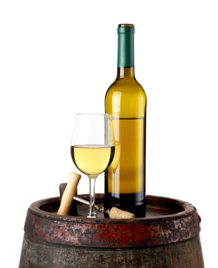 Wine and bottle opener on barrel clipart