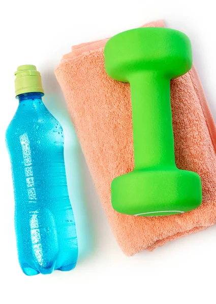 Water bottle, towel and dumbbell — Stock Photo, Image
