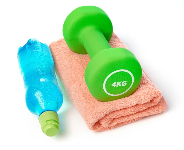 Water bottle, towel and dumbbell — Stock Photo, Image