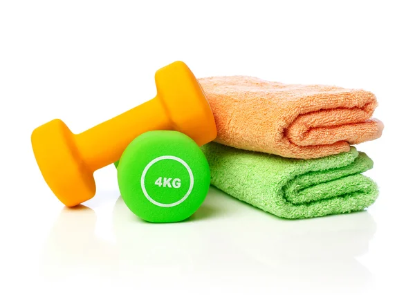 Dumbells and towels — Stock Photo, Image