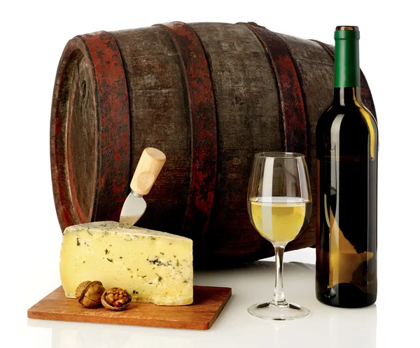 Wine, cheese and barrel — Stock Photo, Image