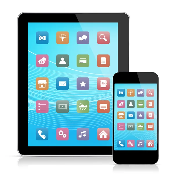 Digitální tabletu a mobilní telefon s ikonami — Stock fotografie