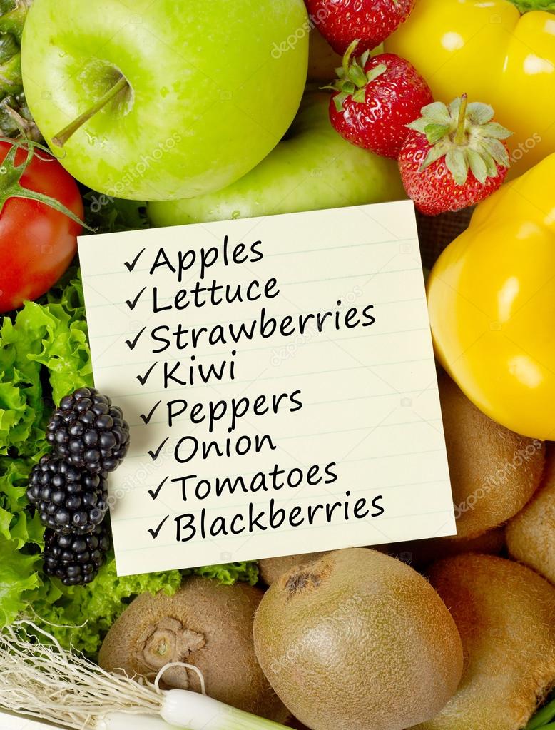 Shopping list on fruits and vegetables