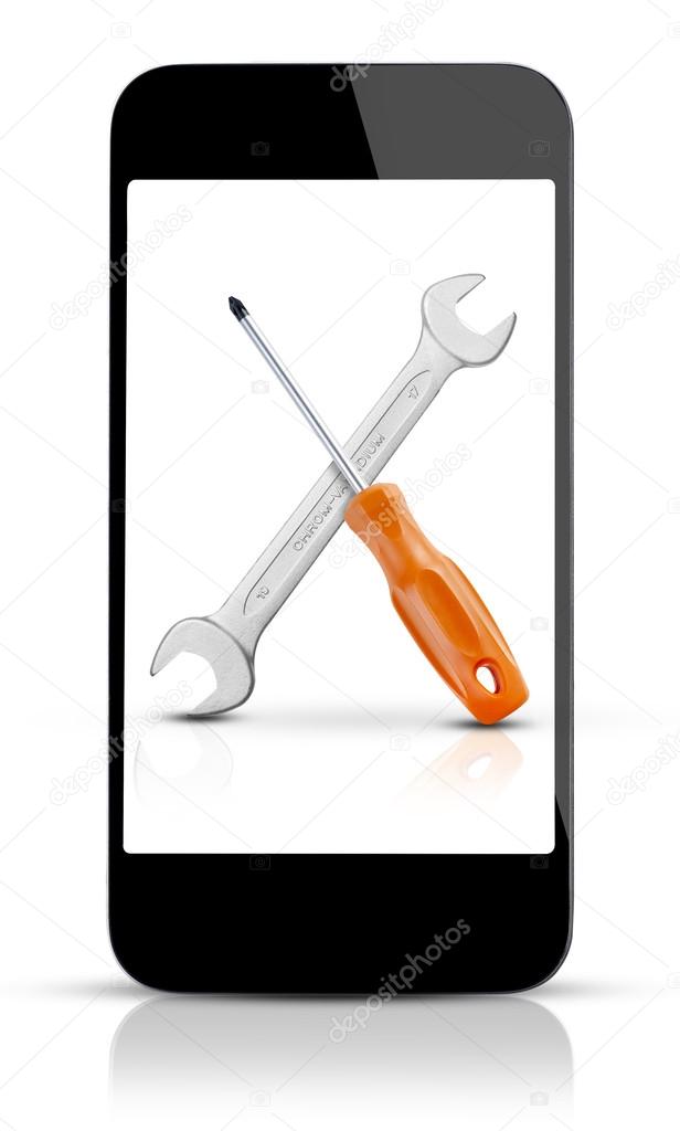 Screwdriver and wrench on mobile phone
