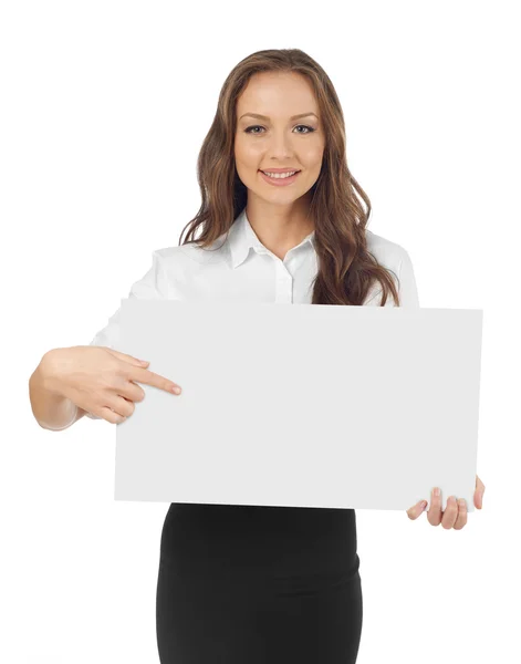 Young woman pointing to a banner — Stock Photo, Image