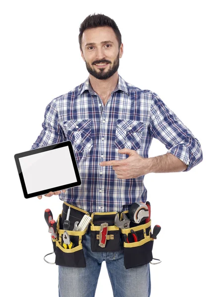 Carpenter showing tablet — Stock Photo, Image