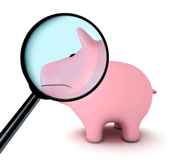 Sad face piggy bank under the magnifying glass — Stock Photo, Image